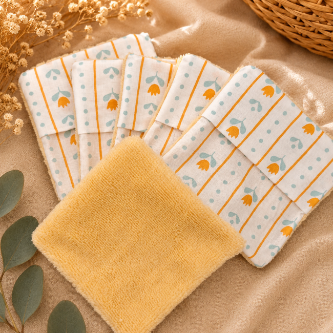 Lingettes lavables réutilisables en coton à motif fleurs graphiques et fibre de bambou beige
