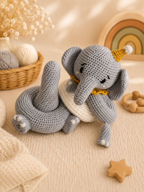 ĂlĂ©phant crochet et anneaux â Jouet bĂ©bĂ© fait main ĂlĂ©phant au crochet gris allongĂ© avec anneaux empilables dans une ambiance cocooning bĂ©bĂ©