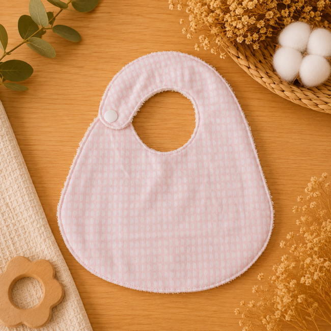 Bavoir bébé T2 côté tissu imprimé rose avec motifs délicats