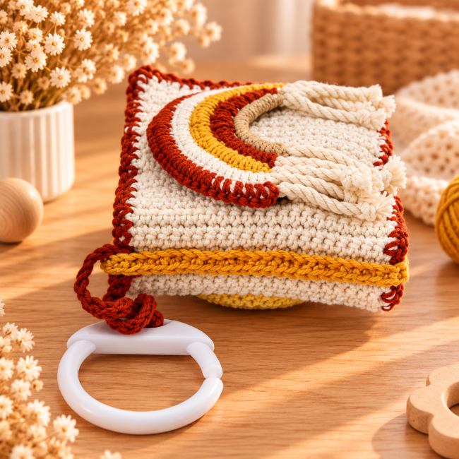 Livre d’éveil en crochet avec arc-en-ciel et textures pour bébé Livre sensoriel crocheté avec arc-en-ciel et anneau blanc