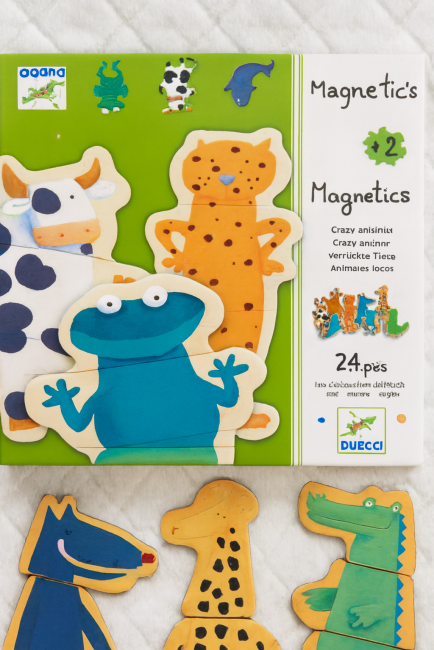 Jouet Larsen's Danish Magnetic's, animaux en bois aimanté avec pièces visibles devant la boîte