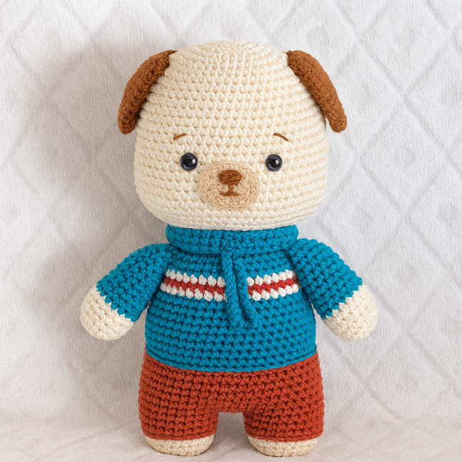 Chien en crochet avec yeux sécurisés, pull bleu rayé et pantalon rouge, sur fond à motif losange