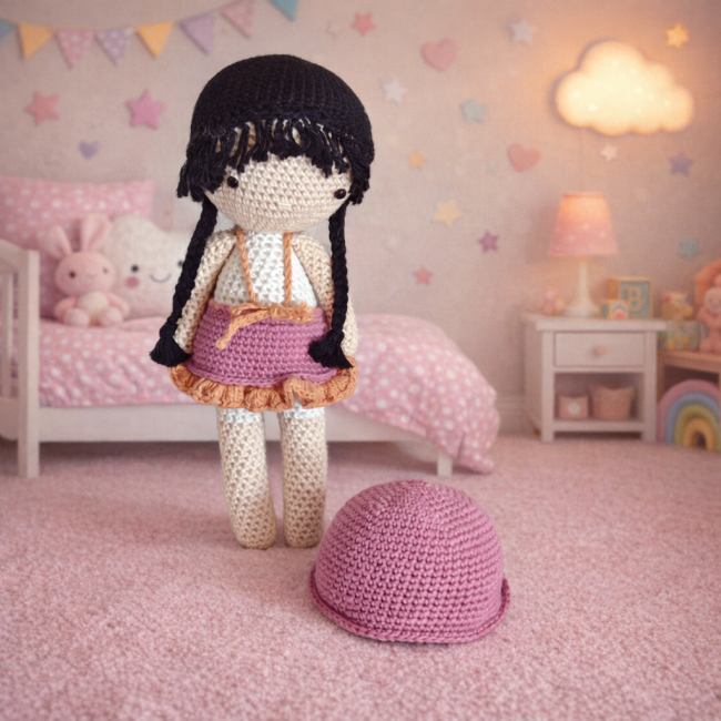 poupée crochet 25 cm – chambre enfant pastel poupée crochet faite main 25 cm posée sur tapis rose dans une chambre d’enfant pastel