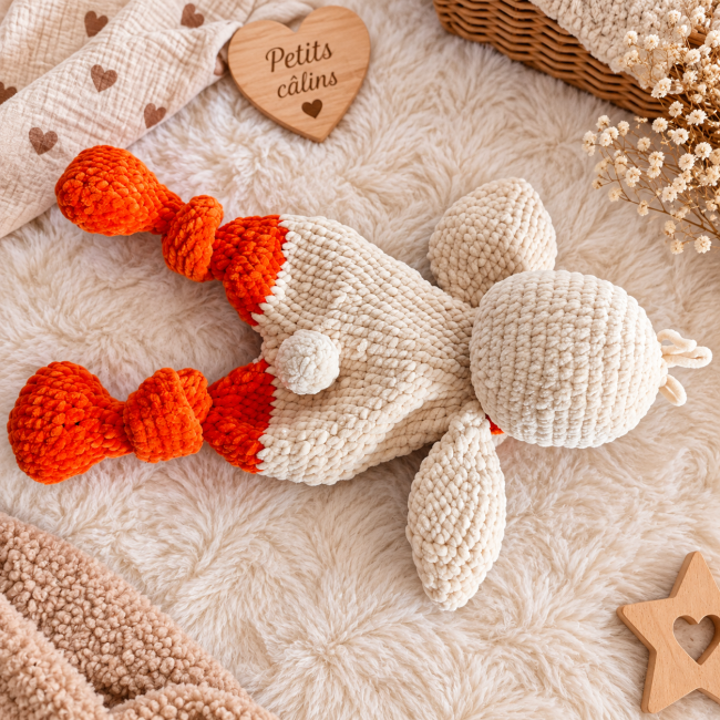 Doudou canard au crochet – vue arrière Doudou canard en crochet vu de dos en fil chenille 100% polyester