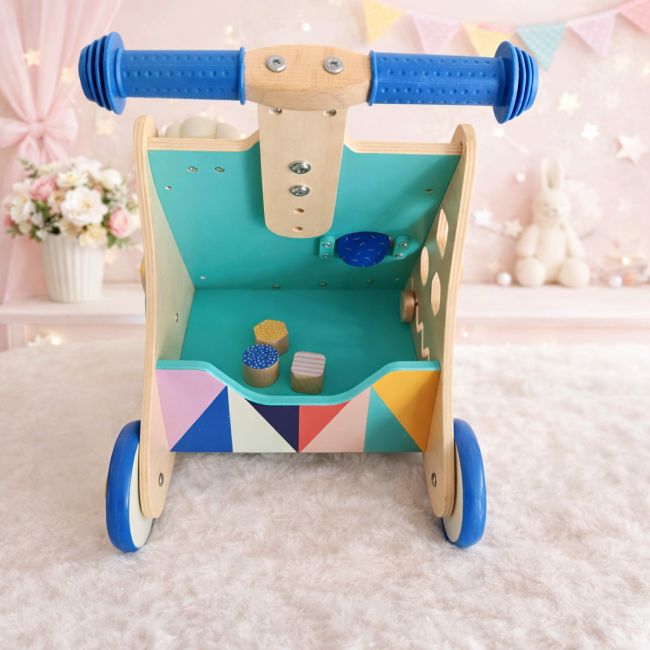 Chariot de marche en bois avec blocs d’éveil colorés, jouet seconde main