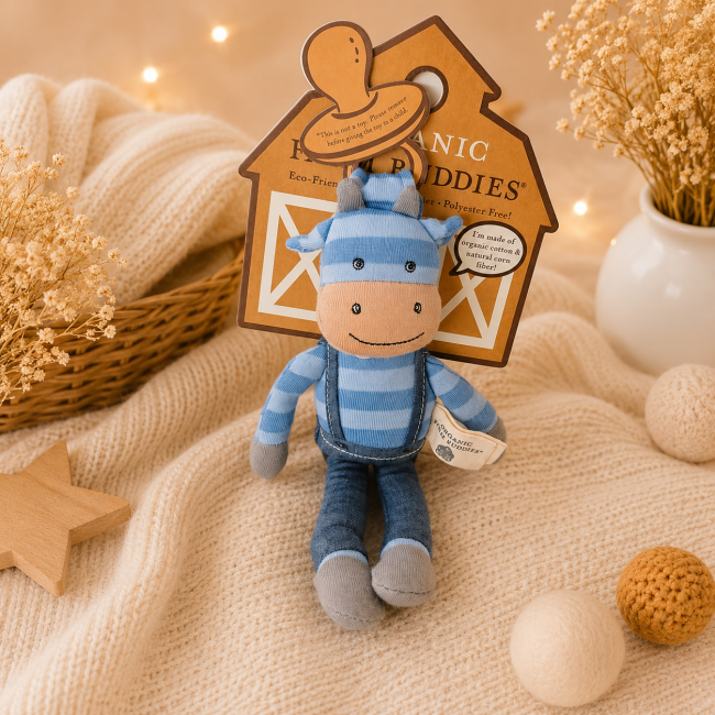 Doudou hochet vache bleue Mr Moo Organic Farm Buddies en coton biologique pour bébé dès la naissance