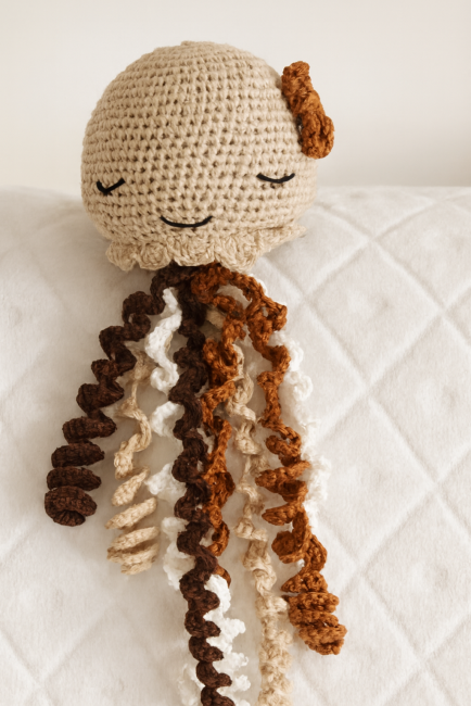 Méduse crochetée beige avec tentacules en spirale marron et blanches, jouet fait main