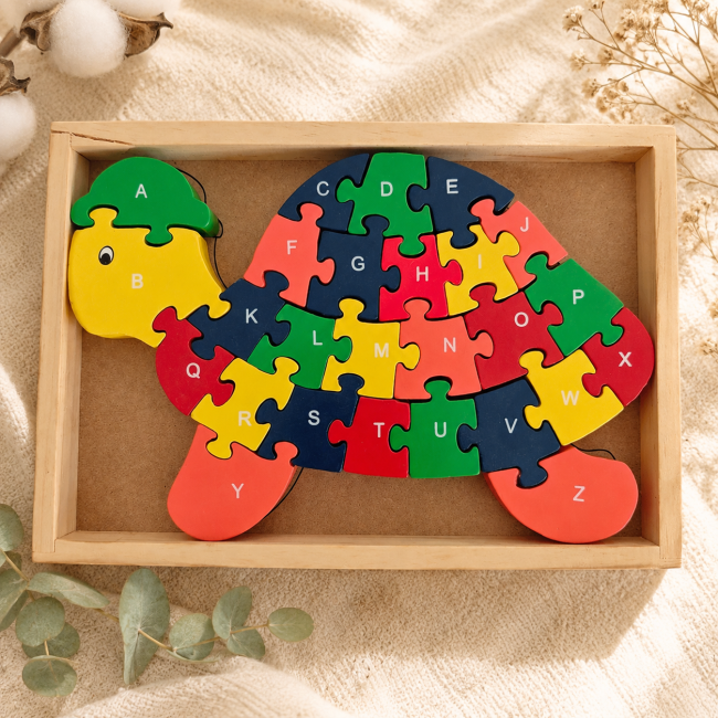 Puzzle tortue en bois avec support et pièces numérotées de 1 à 26