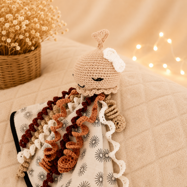 Pieuvre artisanale beige et terracotta vue de profil avec tentacules en crochet