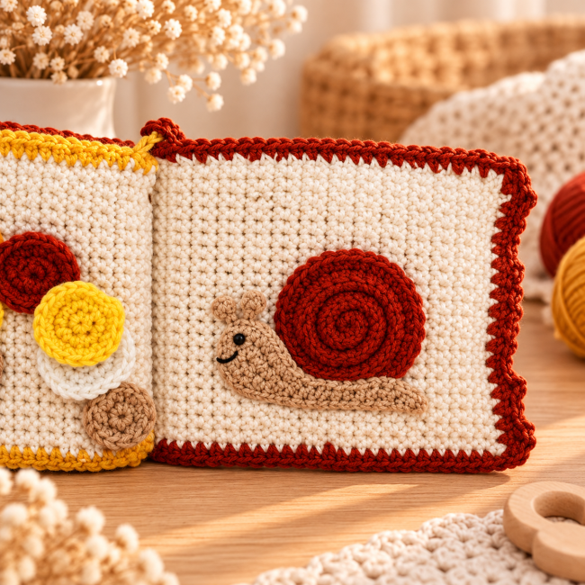 Motif escargot en crochet sur livre sensoriel pour bébé Page de livre crocheté avec escargot rouge et fond blanc