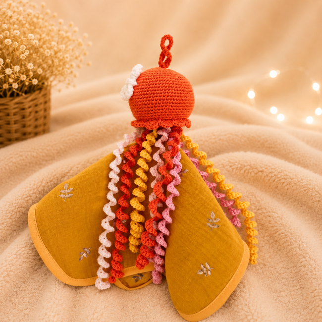 Pieuvre artisanale moutarde vue de dos avec tissu à motifs végétaux