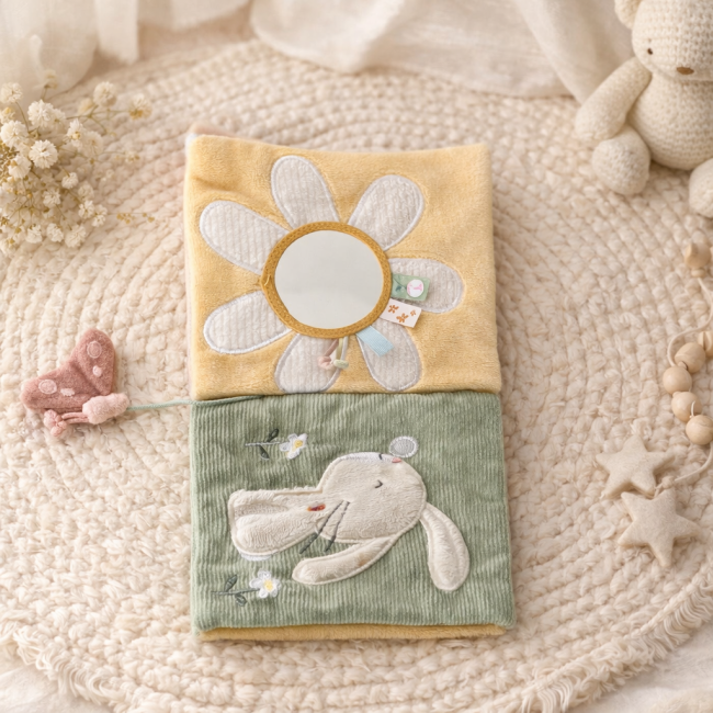 Page fleur jaune du livre d’éveil Little Dutch avec miroir et étiquettes