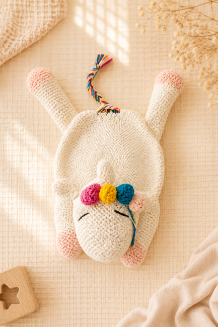 Doudou licorne fait main au crochet blanc et rose photographié en vue du dessus