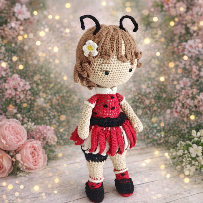 Poupée coccinelle en crochet, 32 cm, posée sur un support bois avec fond fleuri rose et ambiance douce