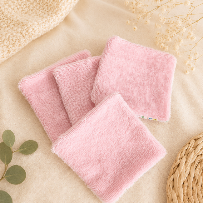 Lingettes démaquillantes lavables en bambou rose – douceur et absorption Lingettes démaquillantes lavables en fibre de bambou rose douce et absorbante