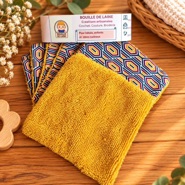 Lot de 6 lingettes lavables en bambou avec face douce jaune moutarde