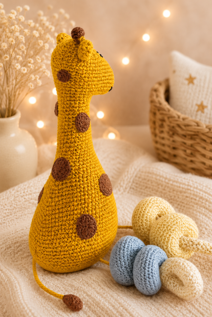 Girafe crochet bébé fait main – vue arrière dans un univers doux et apaisant Dos d’une girafe artisanale au crochet avec anneaux d’éveil dans une ambiance naturelle