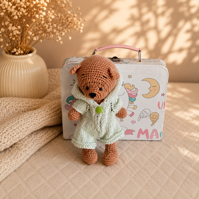 Doudou ours au crochet devant sa mallette de rangement licorne
