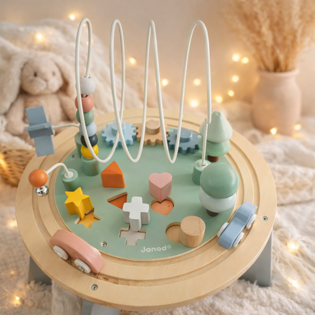 Table d’activités Janod en bois dans une ambiance douce de chambre d’enfant