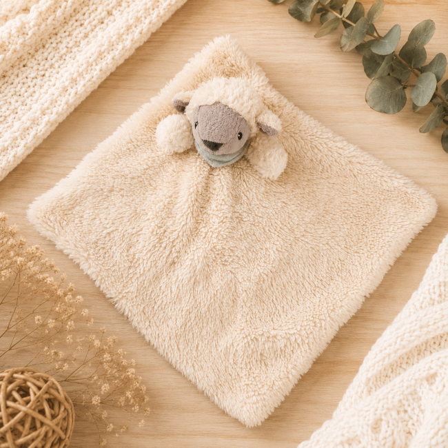Doudou mouton plat bébé ultra doux écru dans une ambiance cocooning beige et naturelle