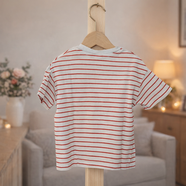 T-shirt bébé H&M rayé rouge et blanc, vue de dos sur cintre, taille 12-18 mois