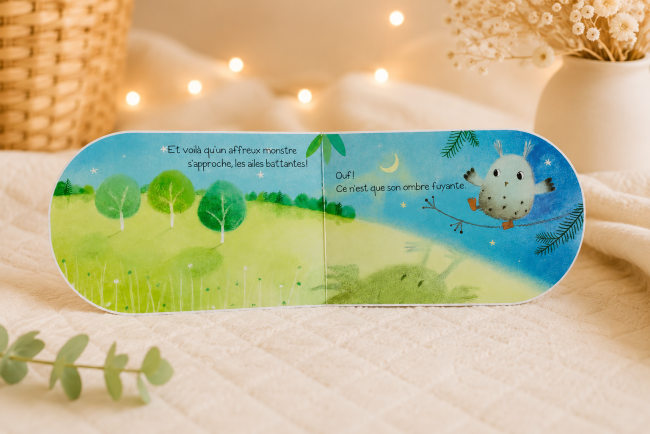 Pages illustrées du livre bébé Petite Chouette dans la nuit Illustrations du livre cartonné Petite Chouette dans la nuit pour bébé