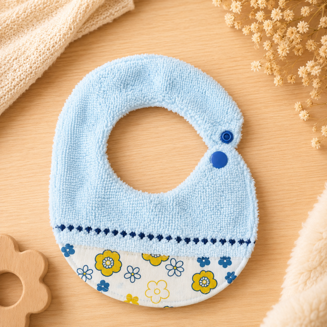 Gros plan du bouton pression du bavoir artisanal bébé en éponge