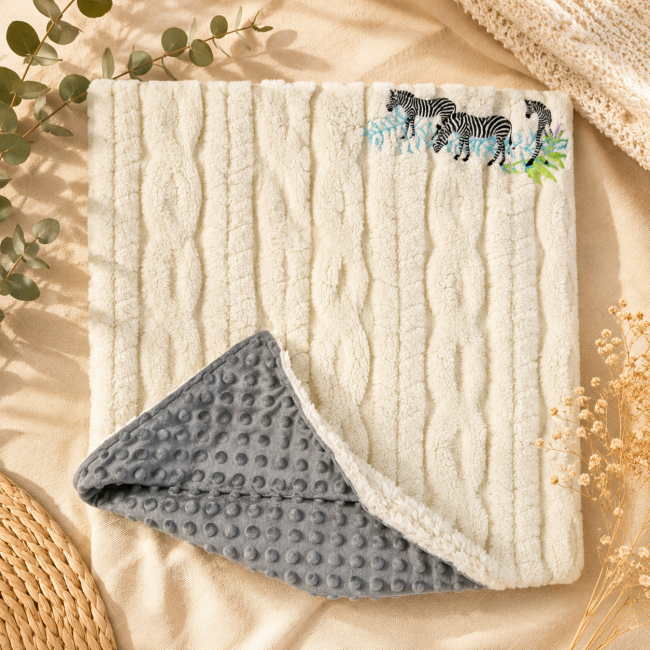 Texture tricot crème et tissu minky gris à pois sur couverture bébé artisanale