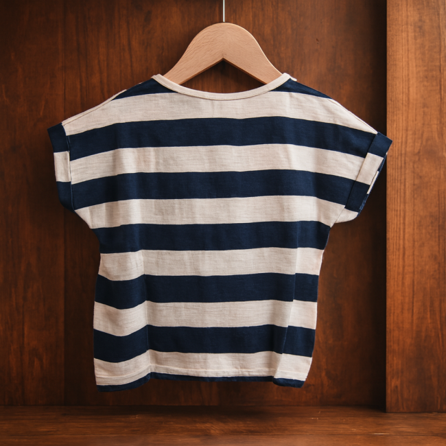 T-shirt enfant rayé bleu marine et blanc, manches courtes, présenté de dos sur cintre en bois.