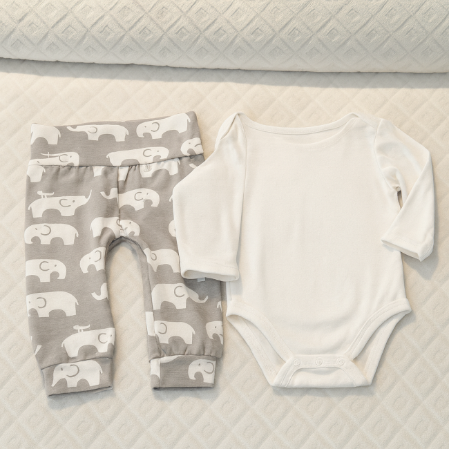 Ensemble naissance – body blanc taille NB et pantalon gris à motifs éléphants