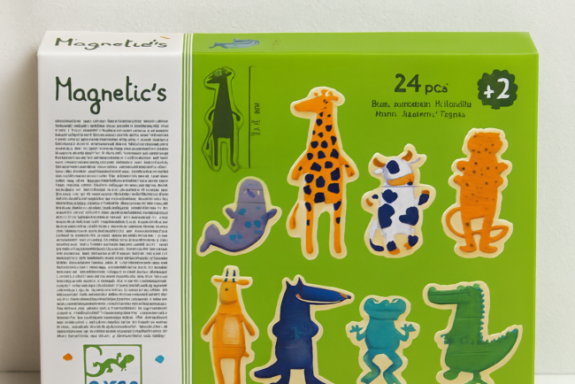 Jouet enfant animaux en bois aimanté, pièces en deux parties sur fond blanc matelassé