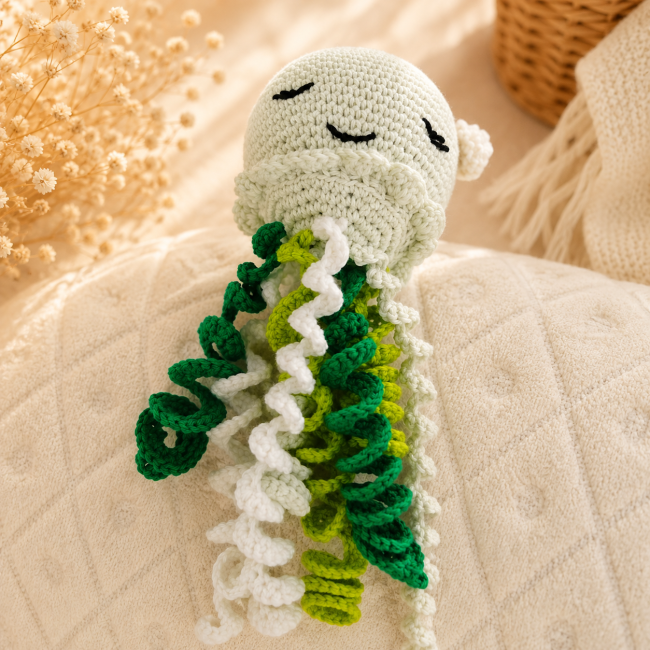 Tentacules en spirale verts blancs et vert clair de la pieuvre au crochet