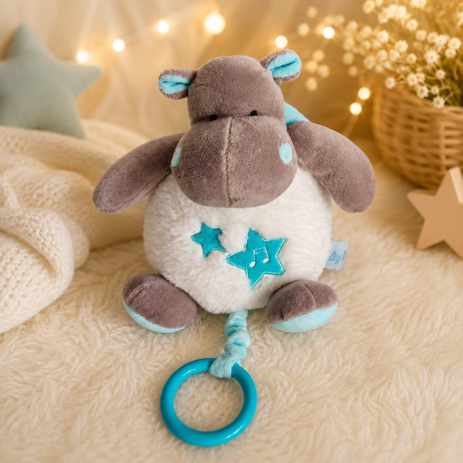 Hippopotame Baby Nat blanc gris et bleu de 27 cm avec anneau