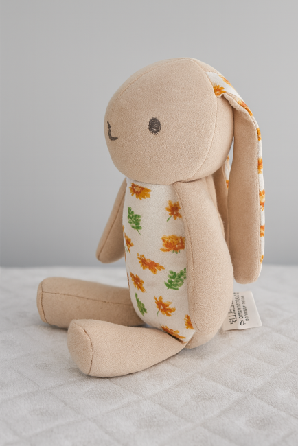 Doudou lapin seconde main assis, 22 cm, tissu OEKO-TEX® et motif floral automnal
