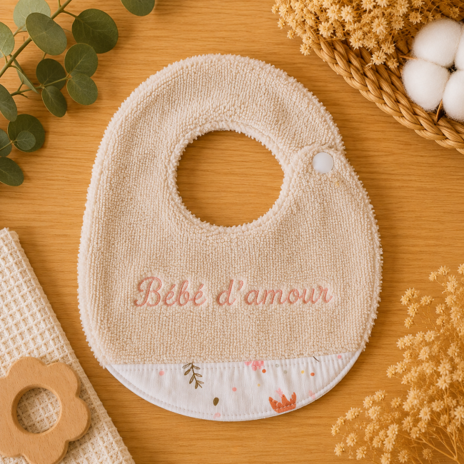 Bavoir bébé T1 en fibre de bambou écru avec motifs oiseaux et végétaux