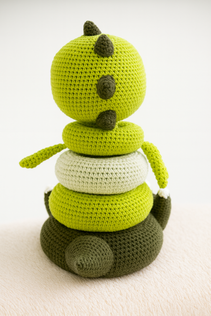 Jouet dinosaure au crochet vue arrière, montrant la texture et les détails du dos.