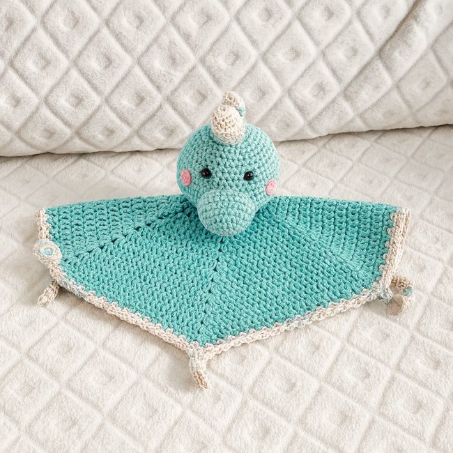 Doudou bébé crochetée turquoise avec tête de dinosaure et bordure pastel