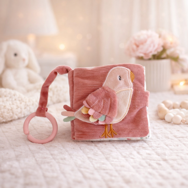 Livre d’éveil en velours côtelé rose avec oiseau brodé multicolore, ambiance douce et floue