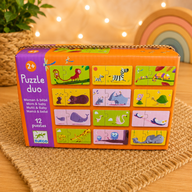 Dos de la boîte Puzzle Duo Maman et Bébé DJECO avec les différents animaux