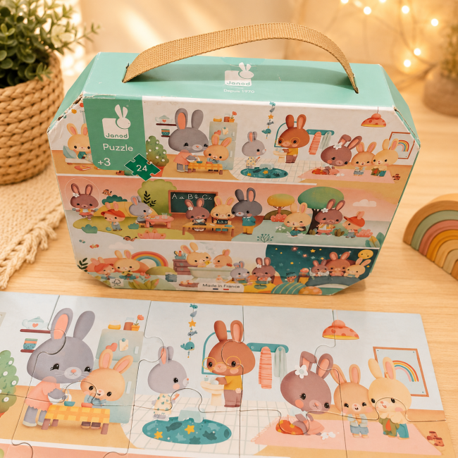 Boîte du puzzle Janod avec le puzzle 24 pièces illustré de lapins