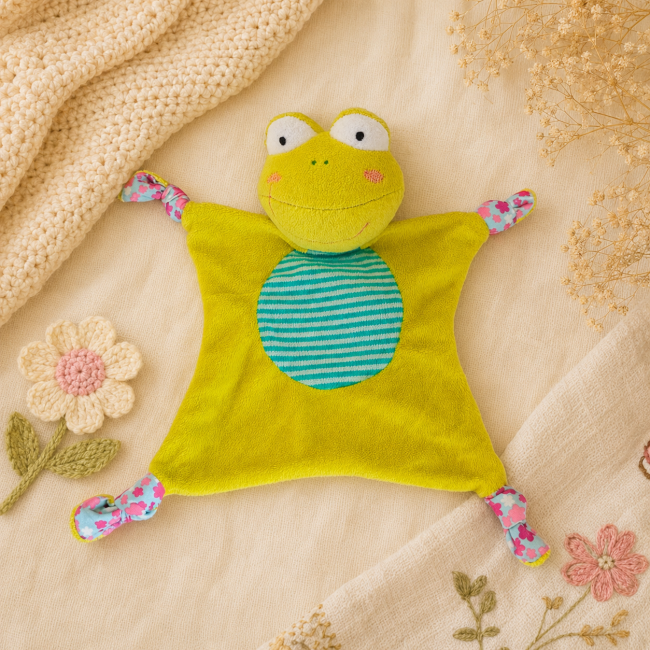 Doudou grenouille plat bébé vert anis de seconde main sur fond beige doux