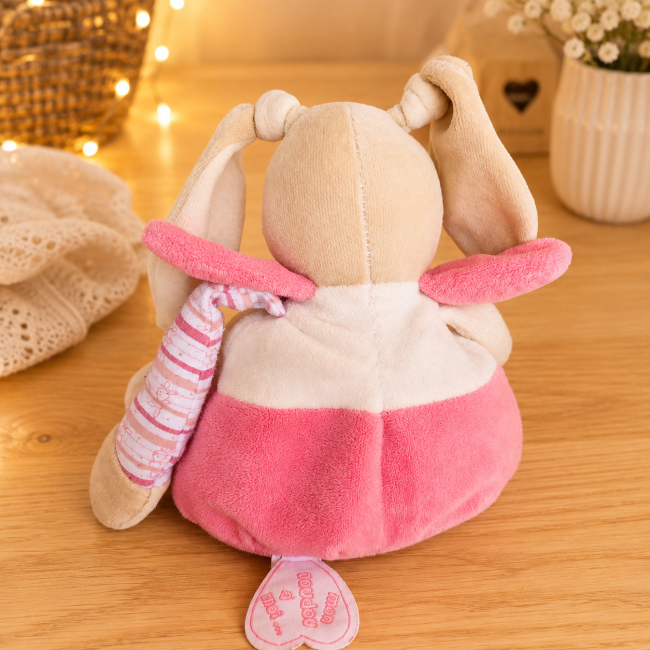 Doudou lapin Doudou et Compagnie – Vue arrière de l'étiquette Doudou lapin Doudou et Compagnie rose et écru vue arrière avec étiquette