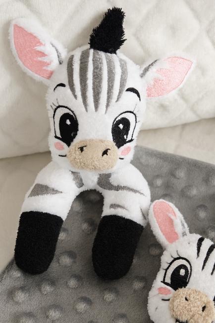 Doudou zèbre artisanal en tissu coton et bobble – Bouille de Laine