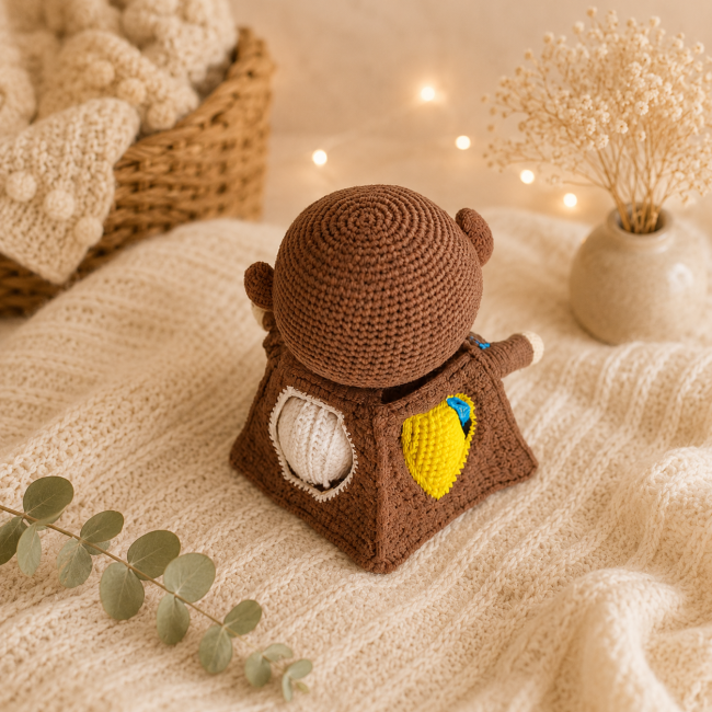 Singe crochet bébé fait main – vue arrière avec activités d’éveil sensorielles Dos d’un singe éducatif au crochet avec formes sensorielles dans une ambiance naturelle et apaisante