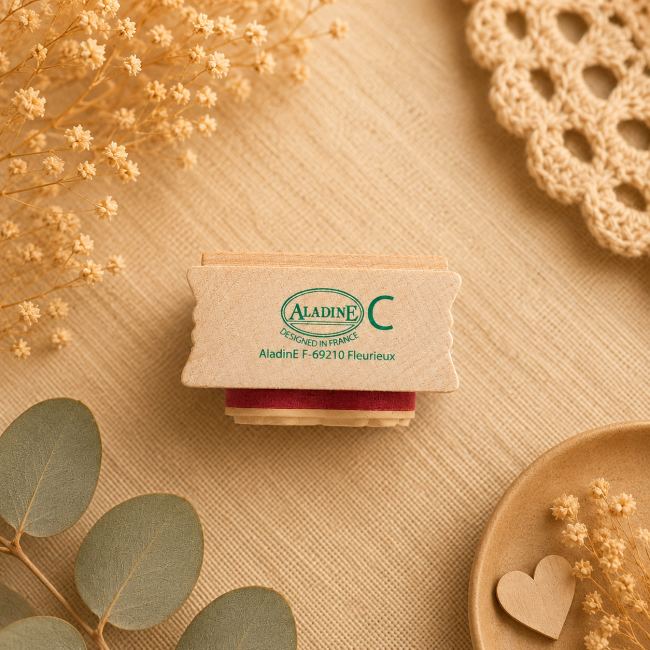 Tampon en bois Aladine avec marquage Designed in France