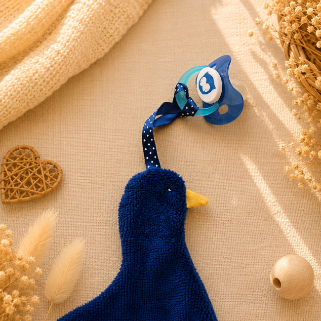 Attache-sucette bébé en bambou avec ruban bleu marine à pois blancs et sucette bleue