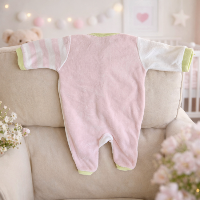 Dos de pyjama naissance rose et blanc avec finitions vert d’eau, posé sur un fauteuil beige dans une chambre de bébé douce.