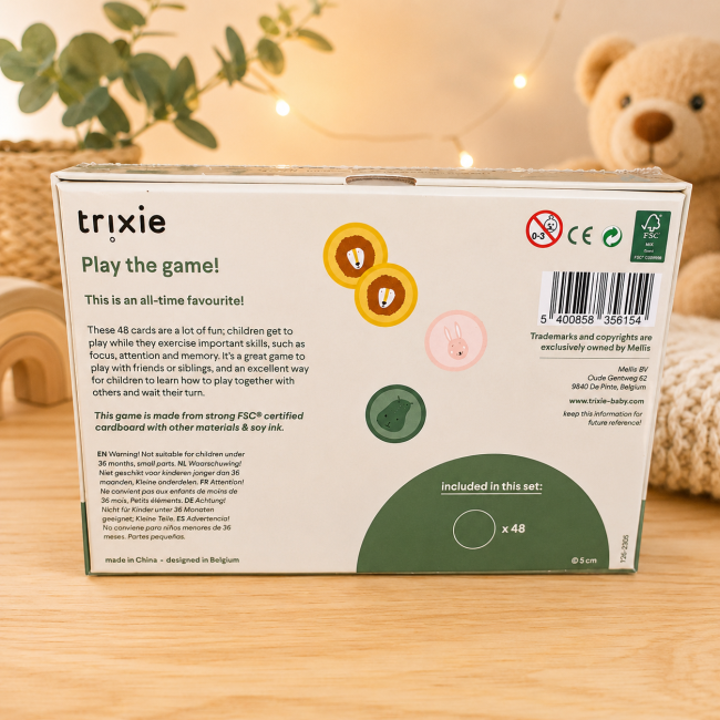 Informations et contenu du Memory Trixie Informations au dos du jeu Memory Trixie 48 cartes dès 3 ans