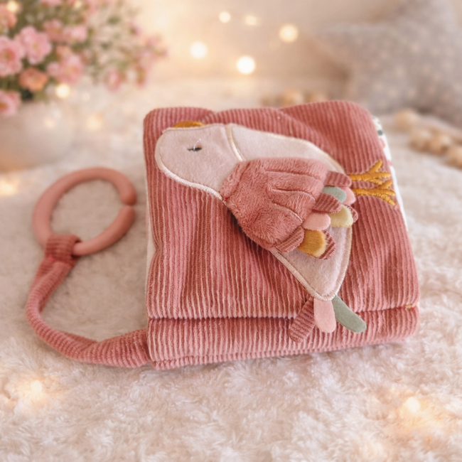  Livre d’éveil en velours côtelé rose avec oiseau appliqué multicolore, ambiance chaleureuse