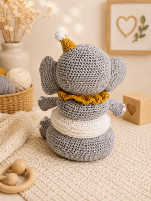 ĂlĂ©phant crochet dos â Jouet bĂ©bĂ© fait main Vue arriĂšre dâun jouet Ă©lĂ©phant au crochet gris avec anneaux empilables artisanaux